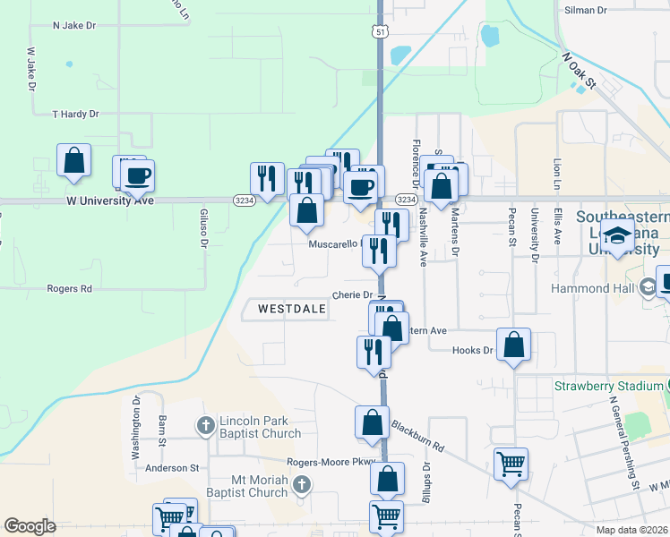 map of restaurants, bars, coffee shops, grocery stores, and more near 45570 Tranquil Trce in Hammond