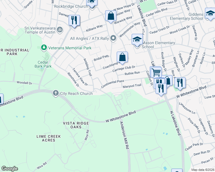 map of restaurants, bars, coffee shops, grocery stores, and more near 2024 Continental Pass in Cedar Park