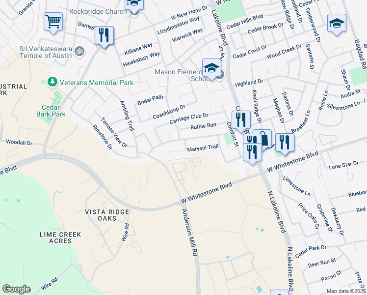 map of restaurants, bars, coffee shops, grocery stores, and more near 2001 Marysol Trail in Cedar Park