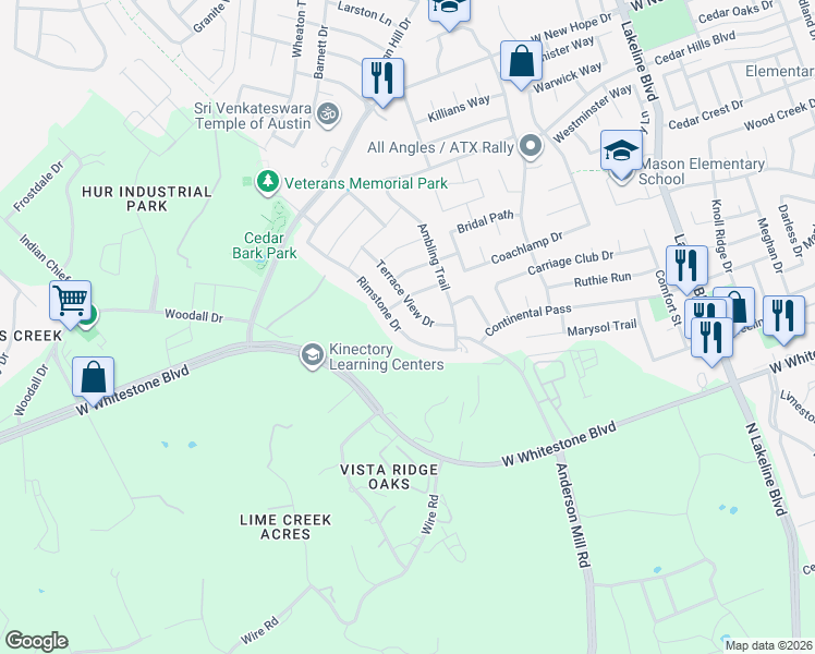 map of restaurants, bars, coffee shops, grocery stores, and more near 1407 Rimstone Drive in Cedar Park