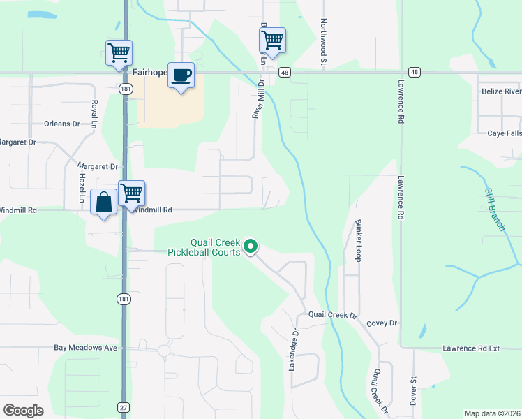map of restaurants, bars, coffee shops, grocery stores, and more near 10374 Windmill Road in Fairhope