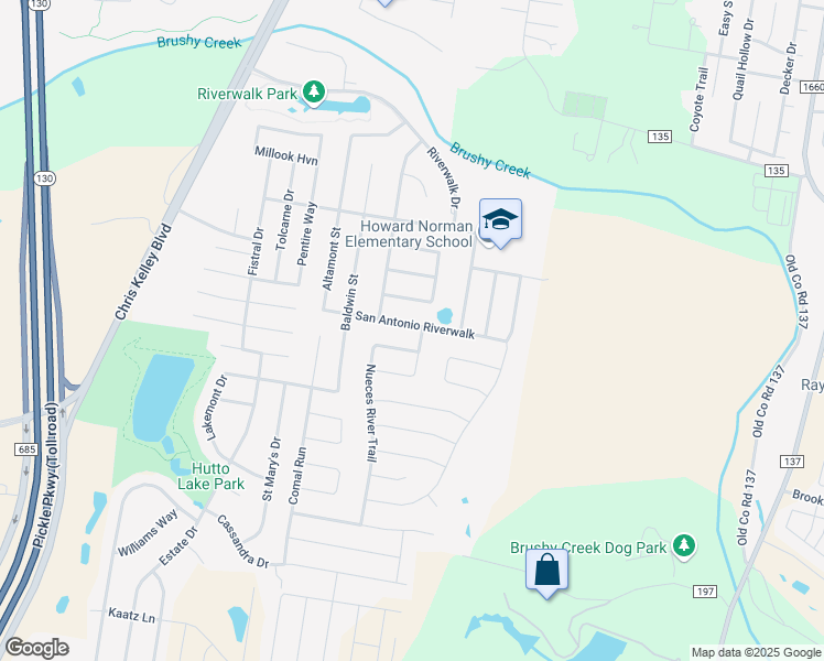 map of restaurants, bars, coffee shops, grocery stores, and more near 104 Nueces River Trail in Hutto