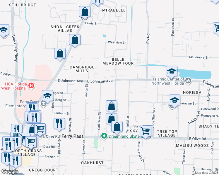 map of restaurants, bars, coffee shops, grocery stores, and more near 2671 East Johnson Avenue in Pensacola