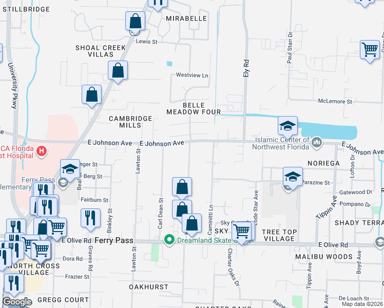 map of restaurants, bars, coffee shops, grocery stores, and more near 8442 Kipling Street in Pensacola