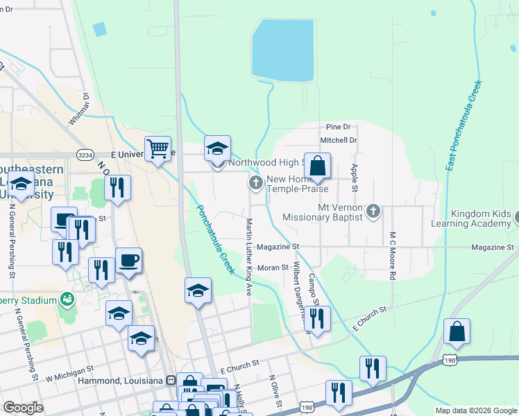 map of restaurants, bars, coffee shops, grocery stores, and more near 1100 Harvey Street in Hammond