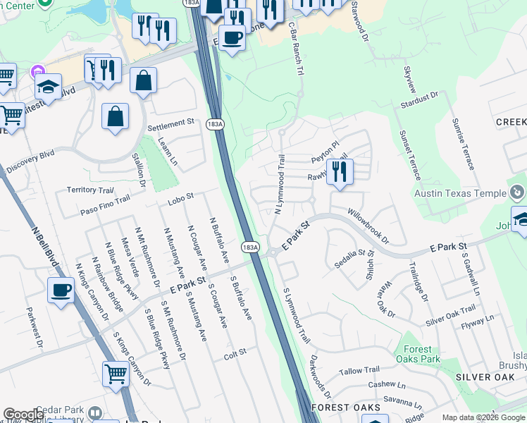 map of restaurants, bars, coffee shops, grocery stores, and more near 202 North Lynnwood in Cedar Park