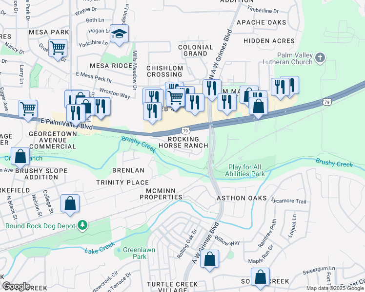 map of restaurants, bars, coffee shops, grocery stores, and more near in Round Rock