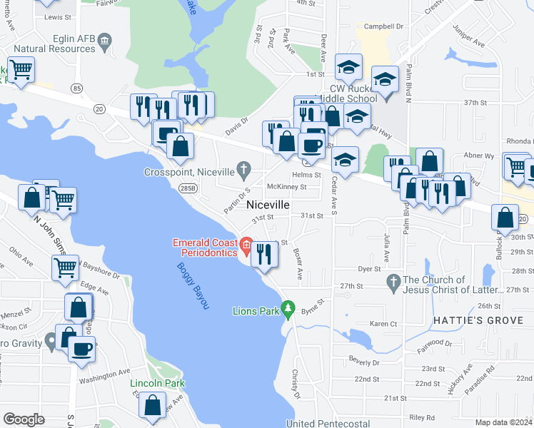 map of restaurants, bars, coffee shops, grocery stores, and more near 220 Reynolds Avenue in Niceville