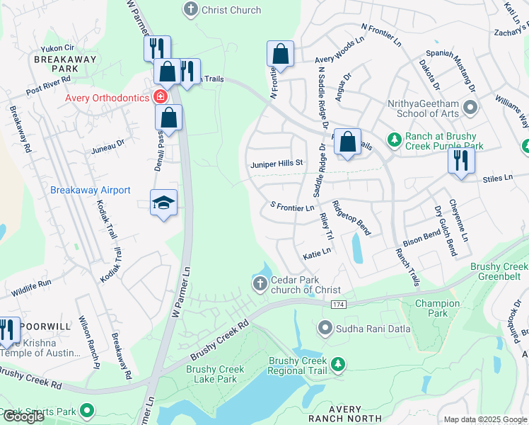 map of restaurants, bars, coffee shops, grocery stores, and more near 3601 Turkey Path Bend in Cedar Park