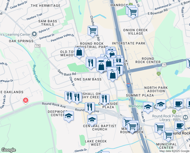 map of restaurants, bars, coffee shops, grocery stores, and more near 1101 Sam Bass Circle in Round Rock