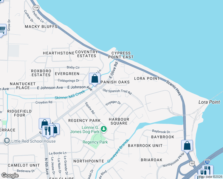 map of restaurants, bars, coffee shops, grocery stores, and more near 8460 Ensenada Del Prado in Pensacola
