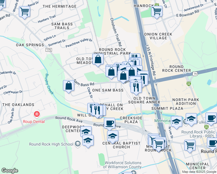 map of restaurants, bars, coffee shops, grocery stores, and more near 1208 Sam Bass Circle in Round Rock