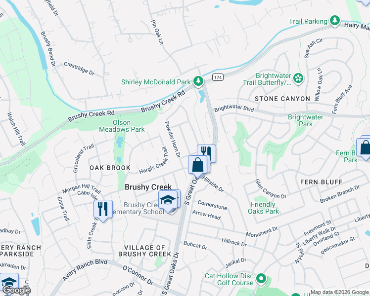 map of restaurants, bars, coffee shops, grocery stores, and more near 805 Powder Horn Drive in Round Rock