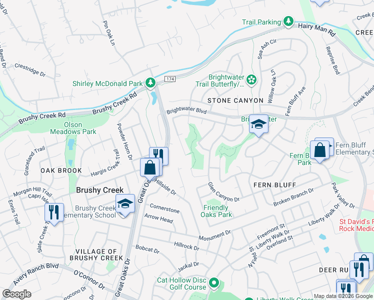 map of restaurants, bars, coffee shops, grocery stores, and more near 7413 West Magic Mountain Lane in Round Rock