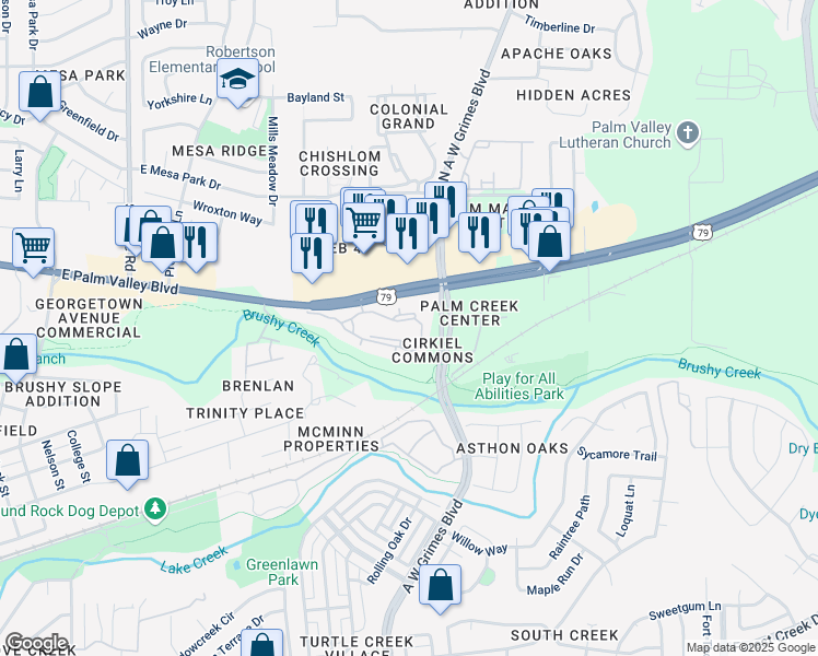 map of restaurants, bars, coffee shops, grocery stores, and more near 1801 Palm Valley Boulevard in Round Rock