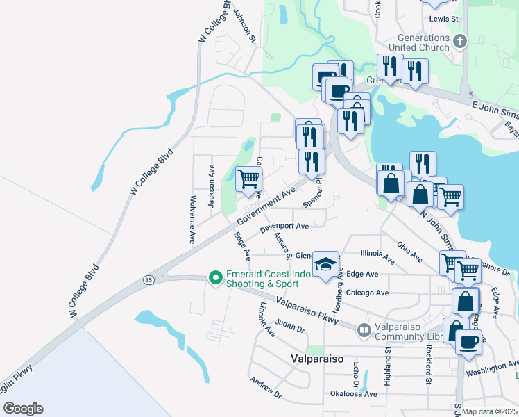 map of restaurants, bars, coffee shops, grocery stores, and more near 407 Government Avenue in Valparaiso