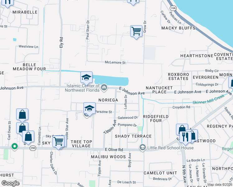 map of restaurants, bars, coffee shops, grocery stores, and more near 8446 Tippin Avenue in Pensacola