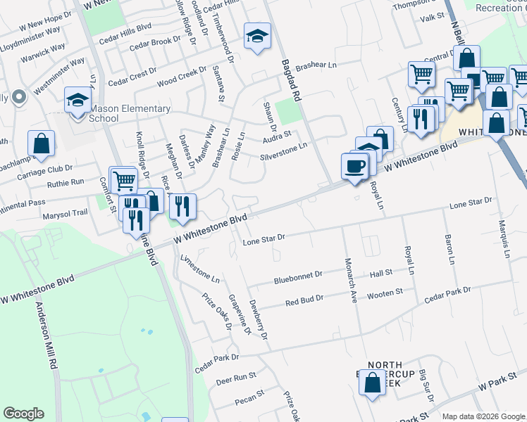 map of restaurants, bars, coffee shops, grocery stores, and more near 1200 West Whitestone Boulevard in Cedar Park