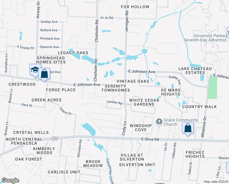 map of restaurants, bars, coffee shops, grocery stores, and more near 8458 Crissy Lane in Pensacola