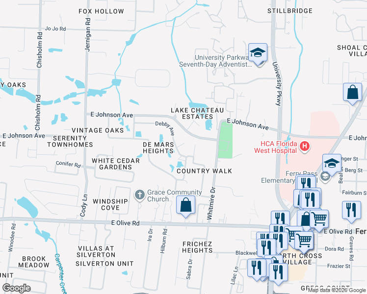 map of restaurants, bars, coffee shops, grocery stores, and more near 1430 Debby Avenue in Pensacola