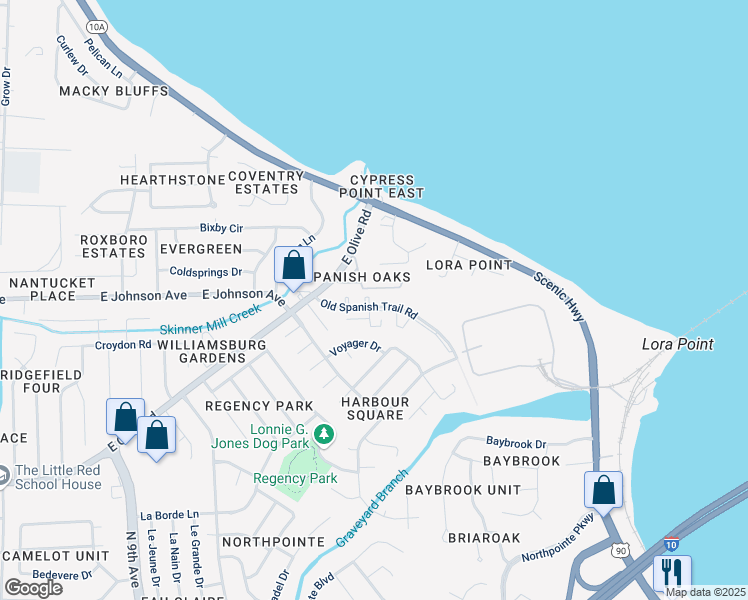 map of restaurants, bars, coffee shops, grocery stores, and more near 8432 Old Spanish Trail Road in Pensacola