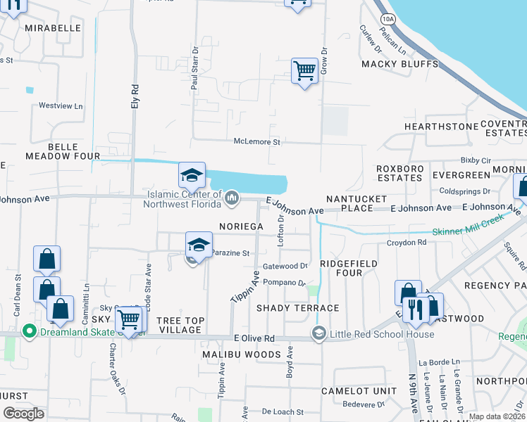 map of restaurants, bars, coffee shops, grocery stores, and more near 3505 Mossy Oak Villas Circle in Pensacola
