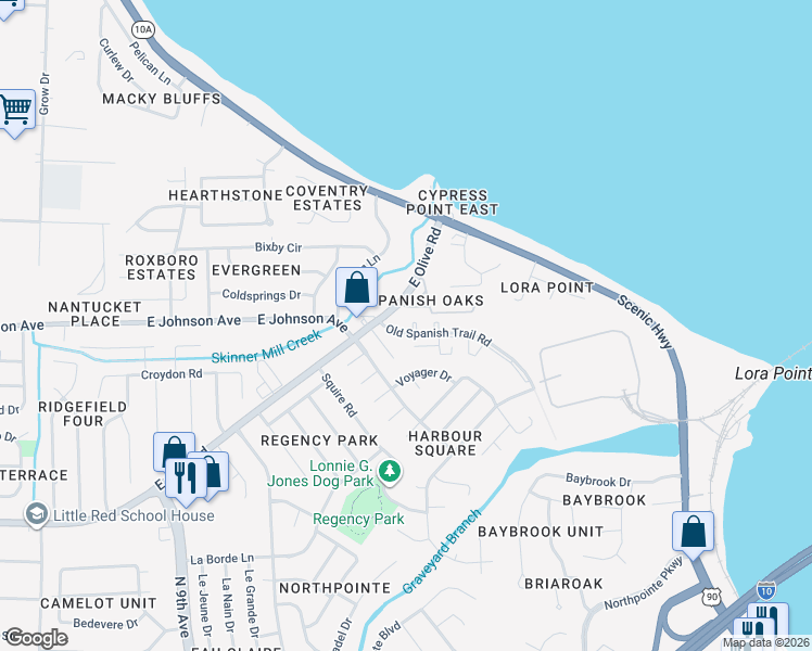 map of restaurants, bars, coffee shops, grocery stores, and more near 8460 Ensenada Del Prado in Pensacola