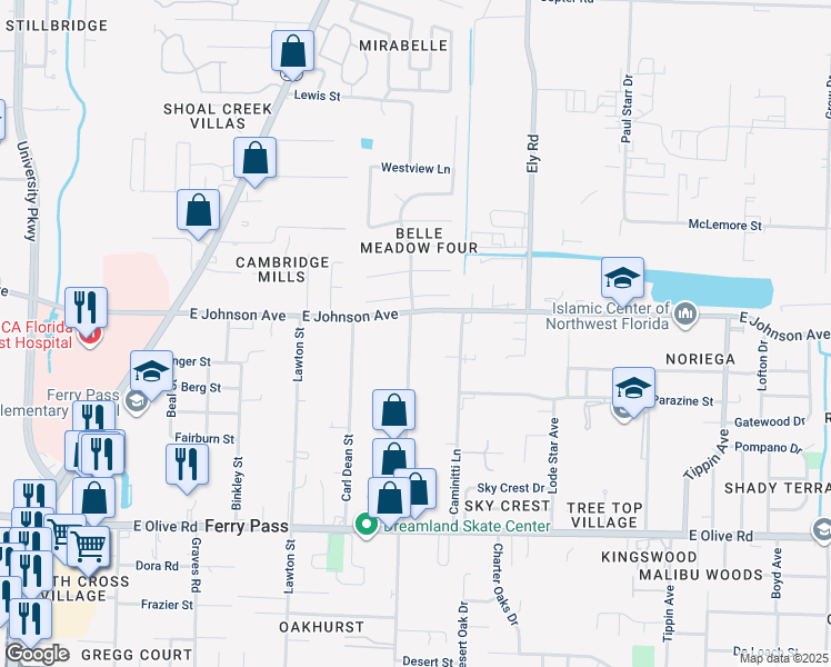 map of restaurants, bars, coffee shops, grocery stores, and more near 8464 Kipling Street in Pensacola