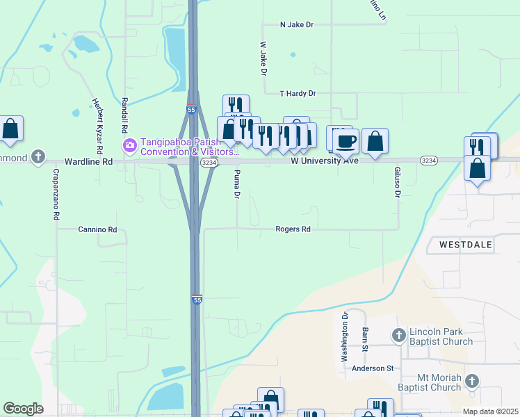 map of restaurants, bars, coffee shops, grocery stores, and more near 45537 Nicholas Drive in Hammond