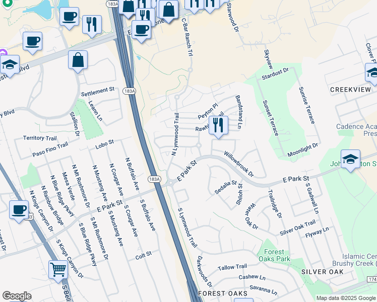 map of restaurants, bars, coffee shops, grocery stores, and more near 208 Cadillac Cove in Cedar Park