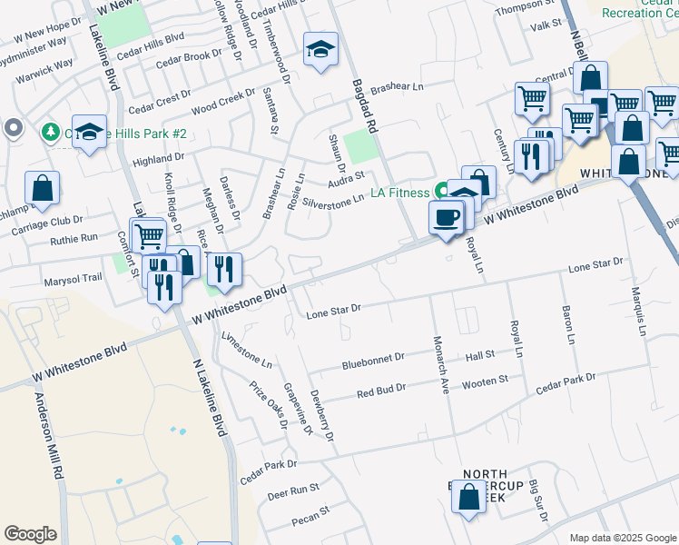 map of restaurants, bars, coffee shops, grocery stores, and more near 1200 West Whitestone Boulevard in Cedar Park