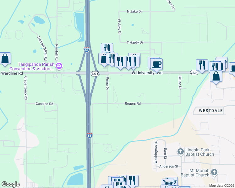 map of restaurants, bars, coffee shops, grocery stores, and more near 45537 Nicholas Drive in Hammond