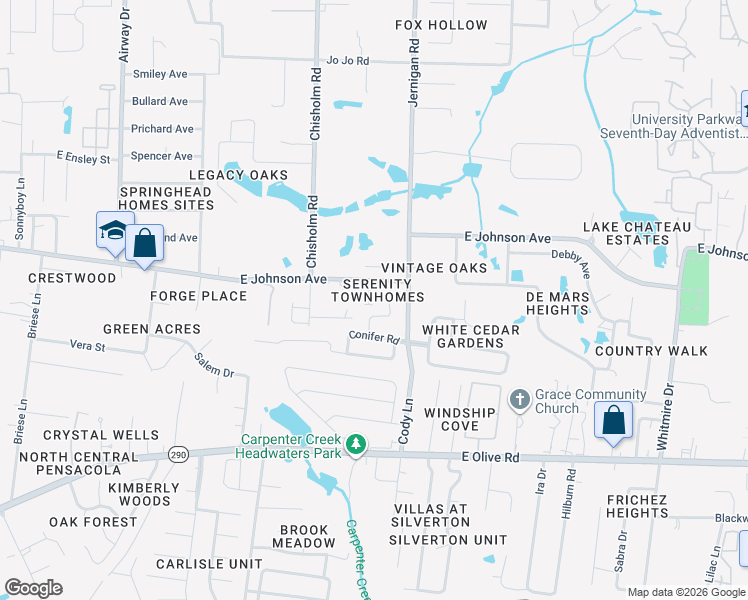 map of restaurants, bars, coffee shops, grocery stores, and more near 8476 Meliaceae Drive in Pensacola