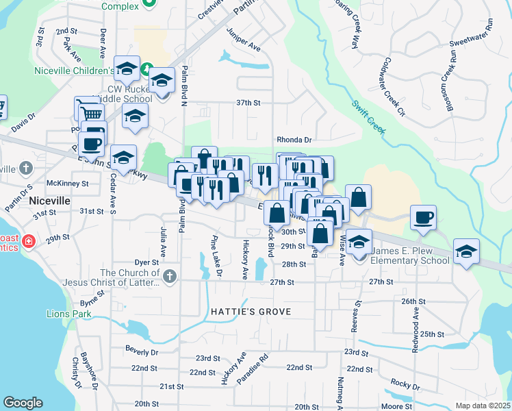 map of restaurants, bars, coffee shops, grocery stores, and more near 1041 East John Sims Parkway in Niceville