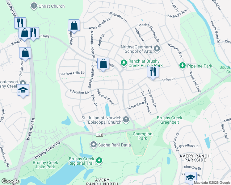 map of restaurants, bars, coffee shops, grocery stores, and more near 407 Buck Ridge Road in Cedar Park