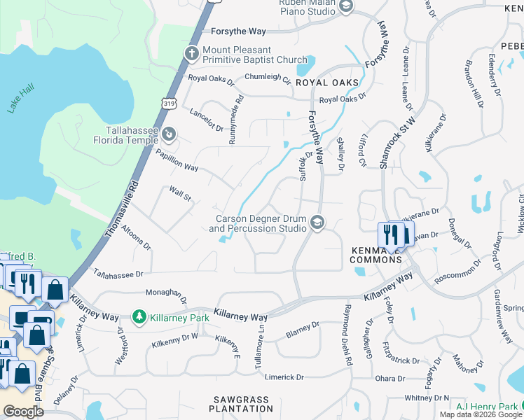 map of restaurants, bars, coffee shops, grocery stores, and more near 2361 Braeburn Circle in Tallahassee