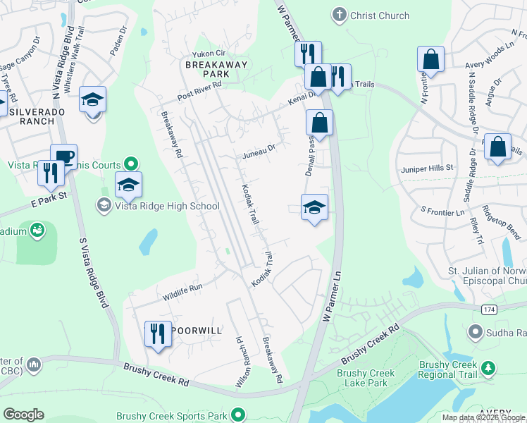 map of restaurants, bars, coffee shops, grocery stores, and more near 604 Kodiak Trail in Cedar Park