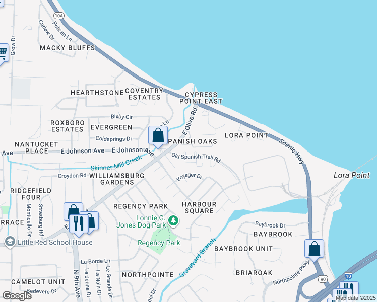 map of restaurants, bars, coffee shops, grocery stores, and more near 8468 Old Spanish Trail Road in Pensacola