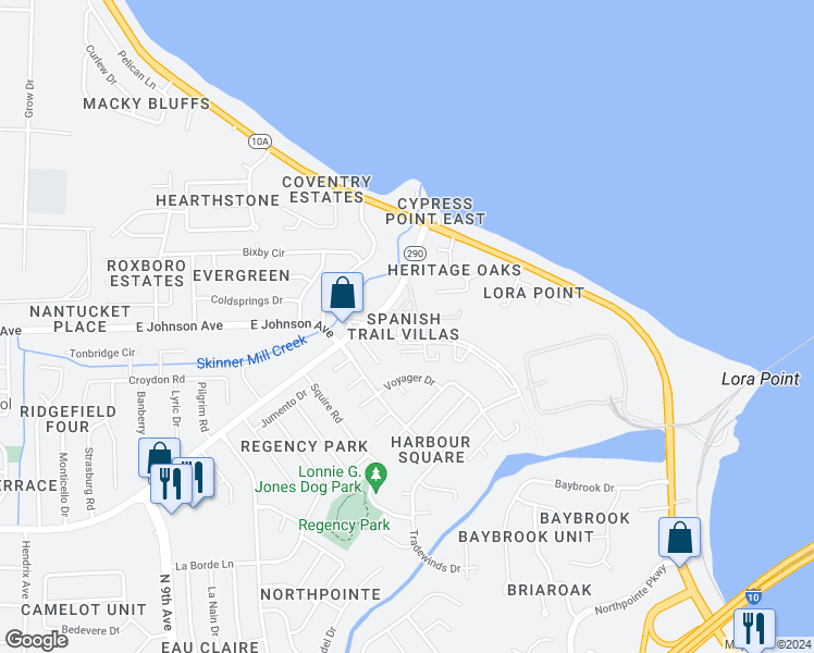 map of restaurants, bars, coffee shops, grocery stores, and more near 8468 Old Spanish Trail Road in Pensacola