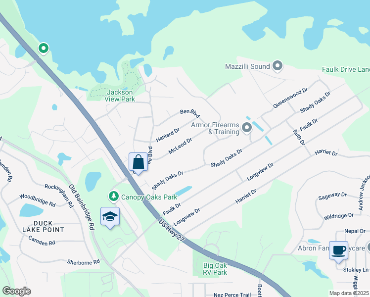 map of restaurants, bars, coffee shops, grocery stores, and more near 2124 Shady Oaks Drive in Tallahassee