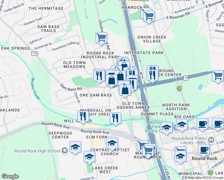 map of restaurants, bars, coffee shops, grocery stores, and more near 901 Sam Bass Road in Round Rock