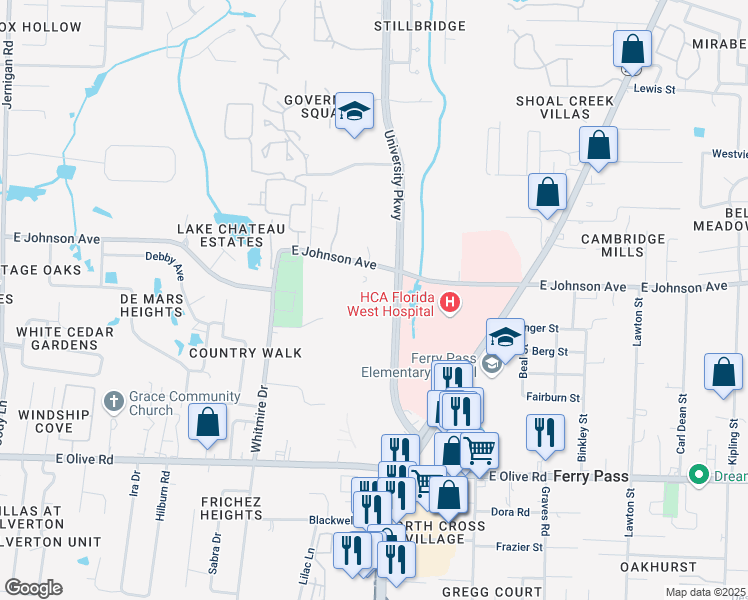 map of restaurants, bars, coffee shops, grocery stores, and more near 8475 University Parkway in Pensacola