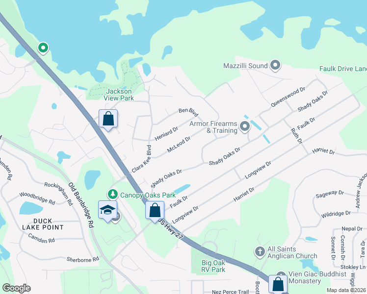 map of restaurants, bars, coffee shops, grocery stores, and more near 2124 Shady Oaks Drive in Tallahassee