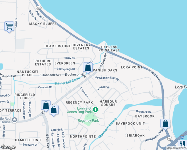 map of restaurants, bars, coffee shops, grocery stores, and more near 8443 Ramsgate Road in Pensacola