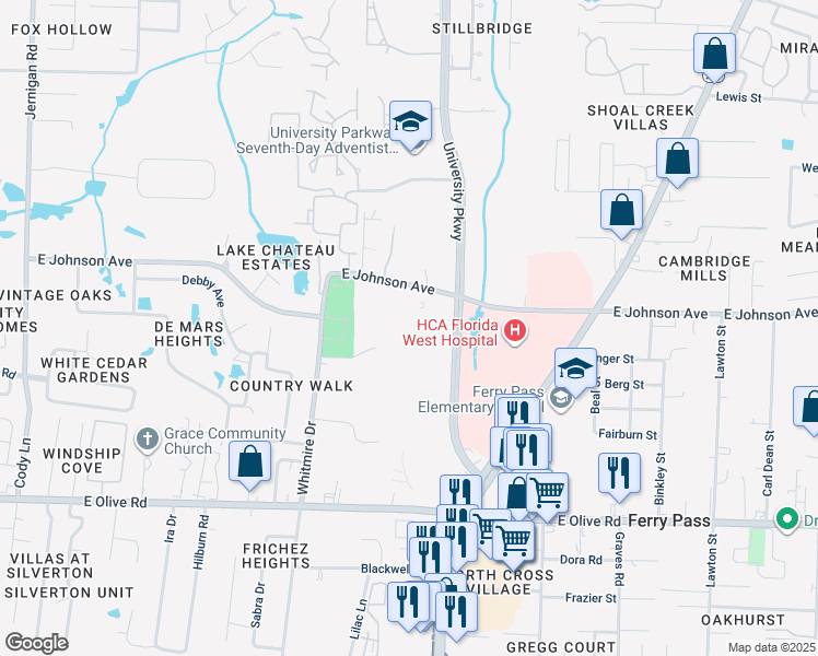 map of restaurants, bars, coffee shops, grocery stores, and more near 8475 University Parkway in Pensacola