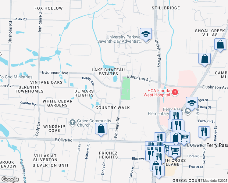 map of restaurants, bars, coffee shops, grocery stores, and more near 8407 Whitmire Drive in Pensacola
