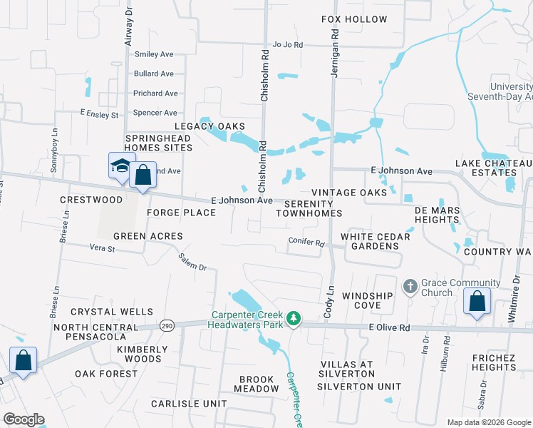 map of restaurants, bars, coffee shops, grocery stores, and more near 8432 Chisholm Road in Pensacola