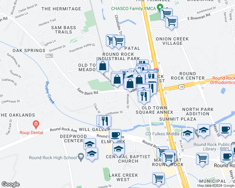 map of restaurants, bars, coffee shops, grocery stores, and more near 1101 Sam Bass Circle in Round Rock