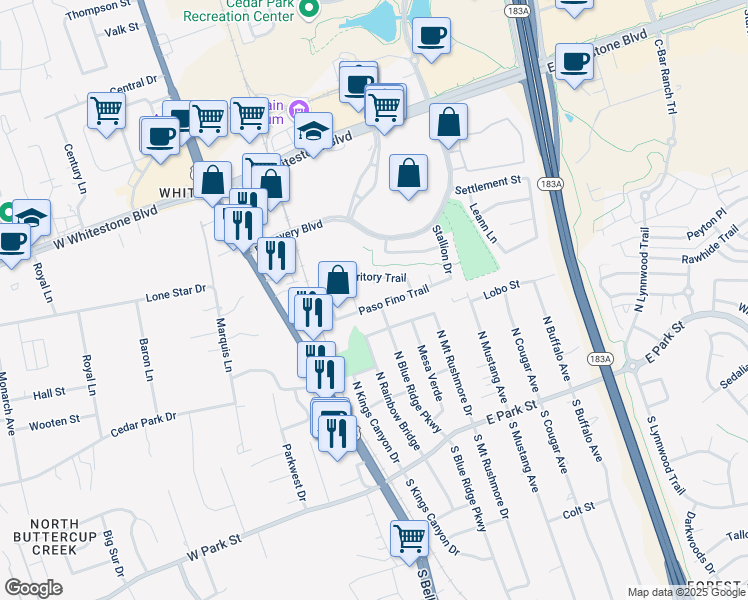 map of restaurants, bars, coffee shops, grocery stores, and more near 525 Paso Fino Trail in Cedar Park