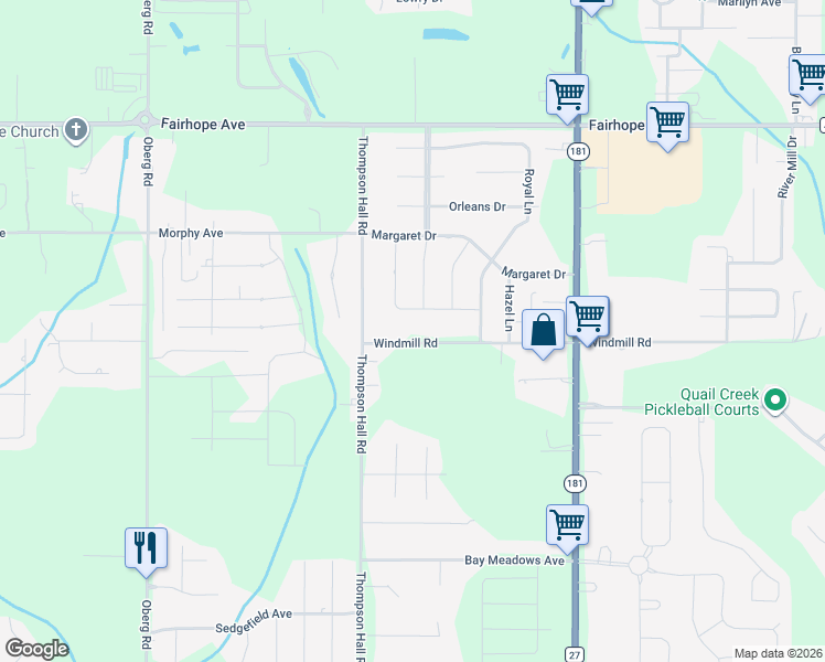 map of restaurants, bars, coffee shops, grocery stores, and more near 9560 Windmill Road in Fairhope
